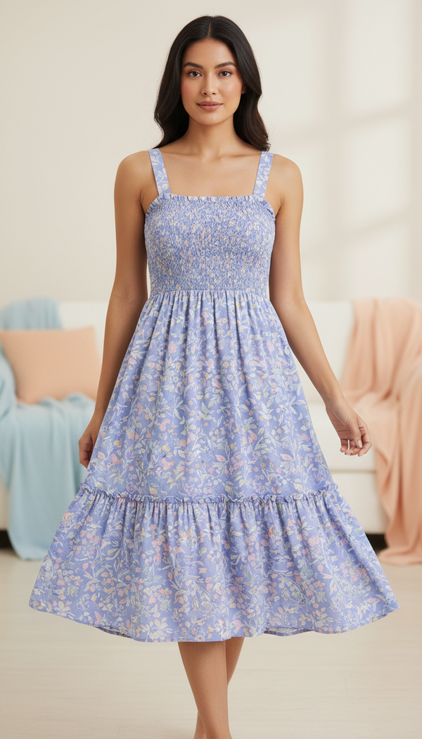 Vestido de flores lavanda con cuerpo fruncido